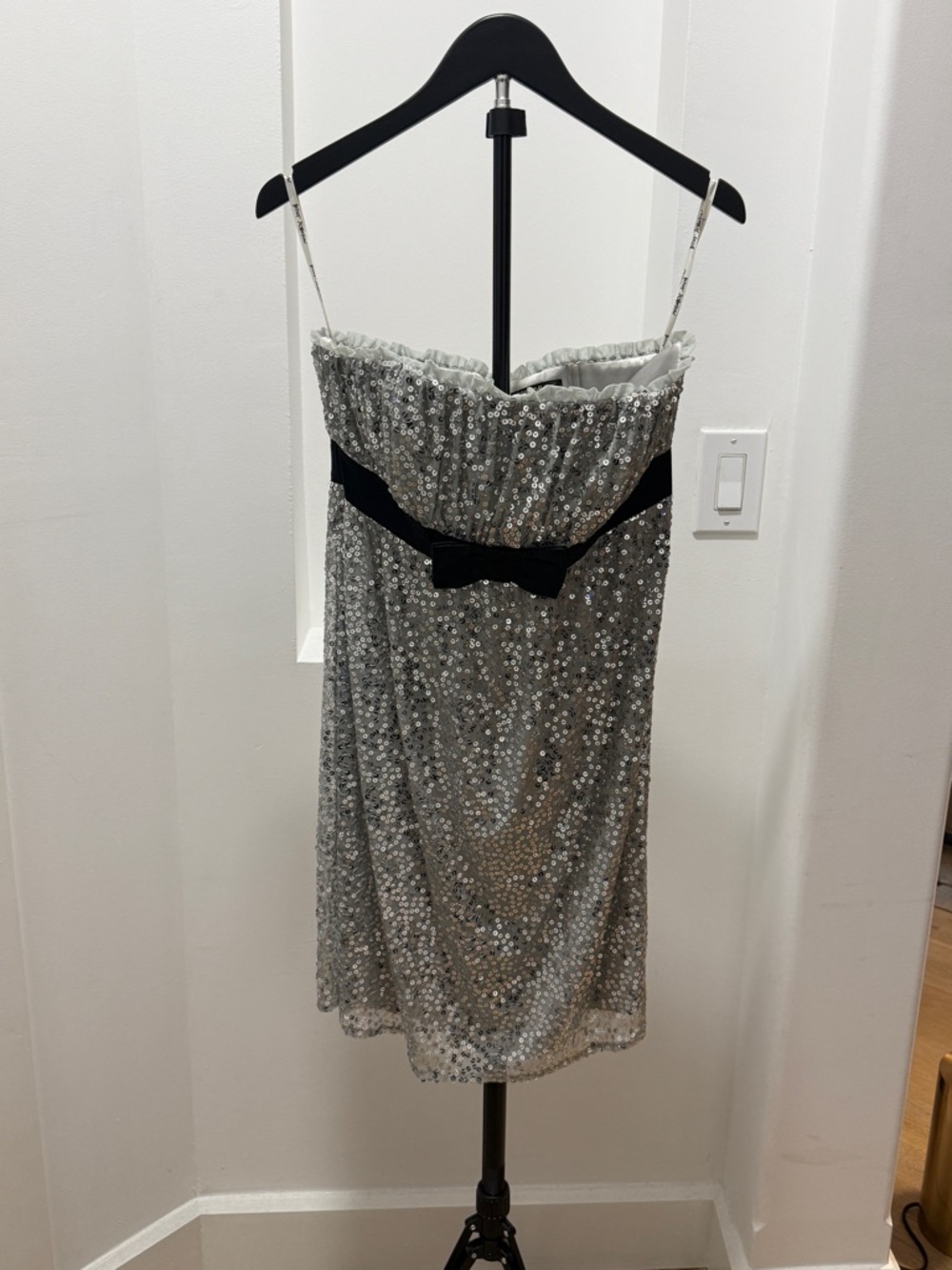 Betsey Johnson Silver Sequin Strapless Dress with Black Bow
